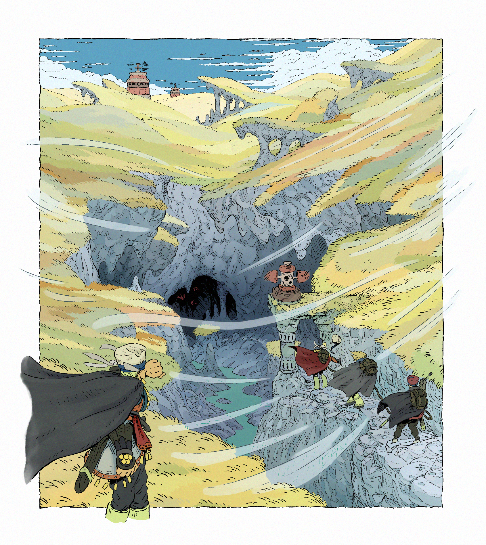 One adventurer watches three others walk along a perilous cliffside path as they descend through a canyon toward the mouth of a mysterious cavern.