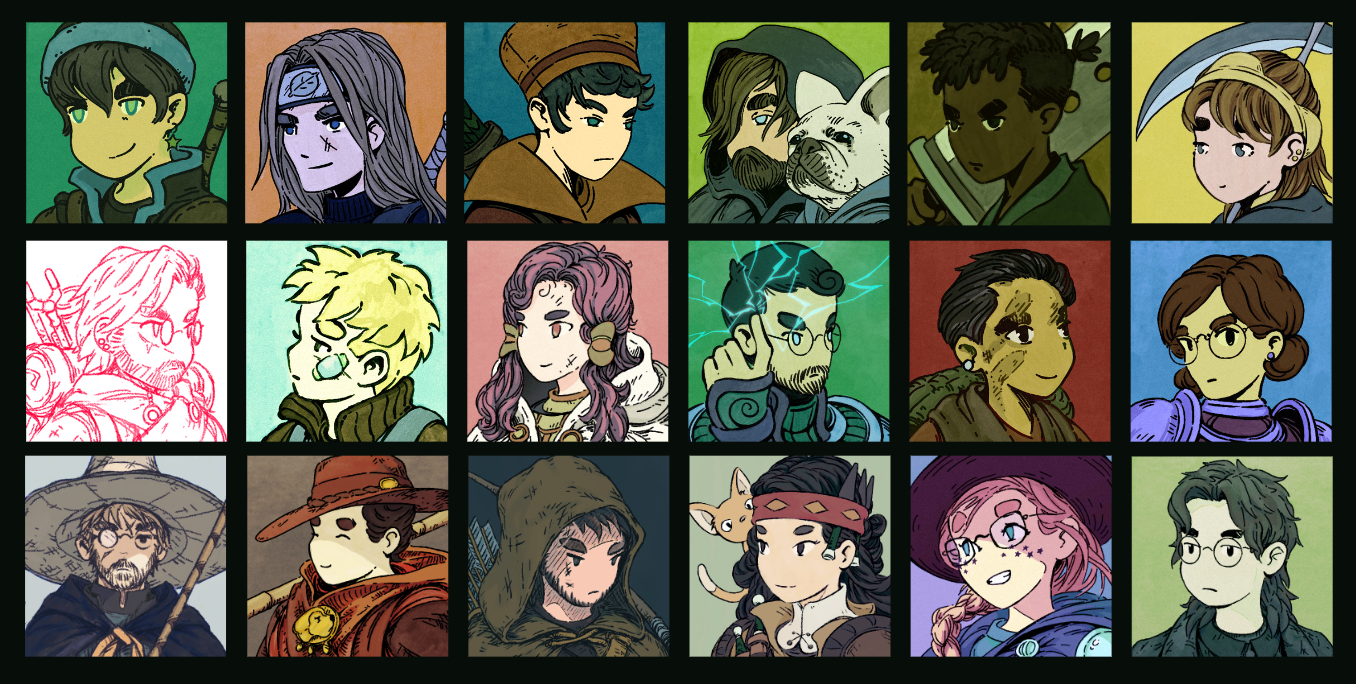 Headshot avatars of the Gardens development team, drawn in the art style of the game's concept art
