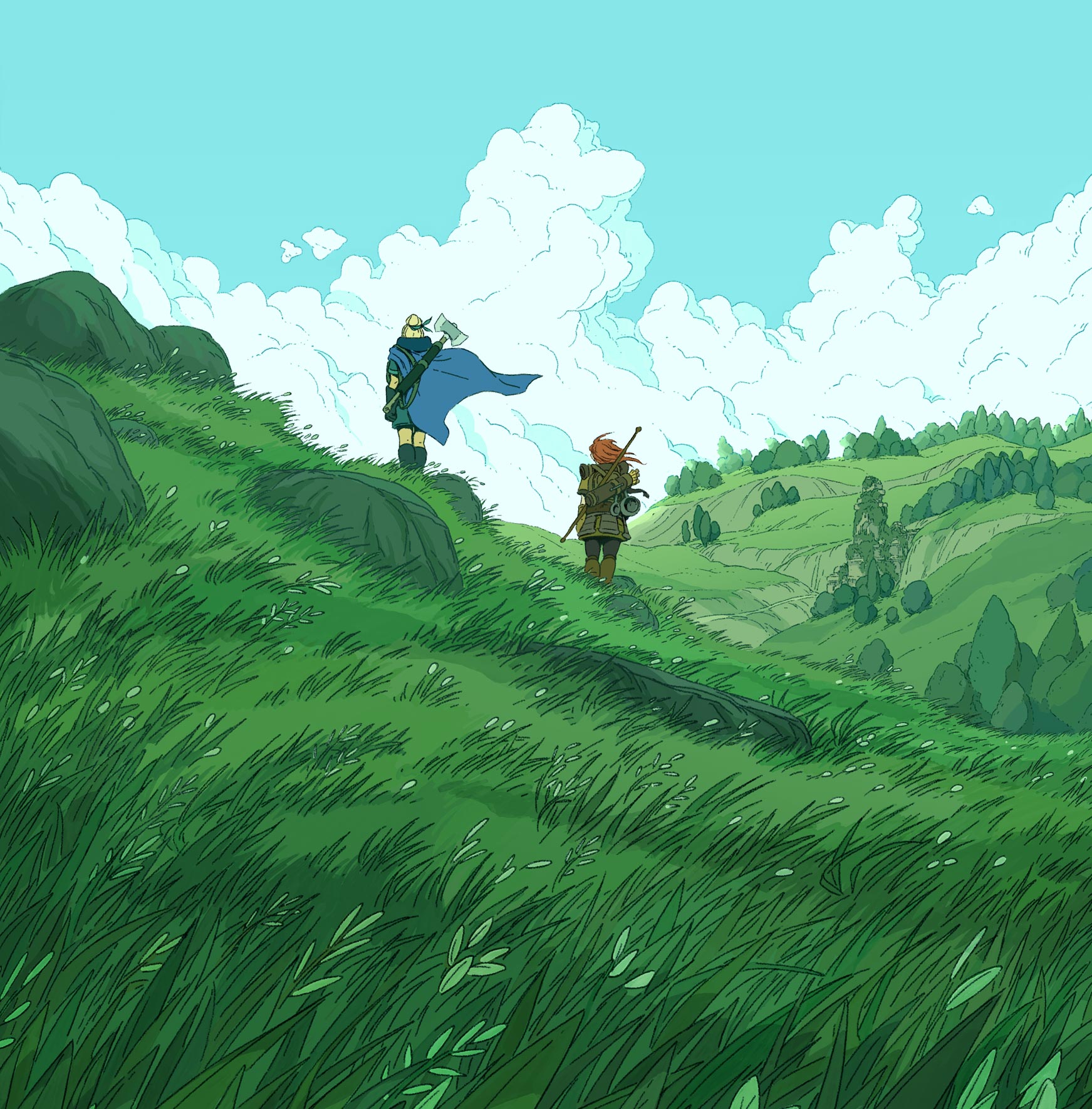 Two warriors stand in grassy hills, looking over the horizon.